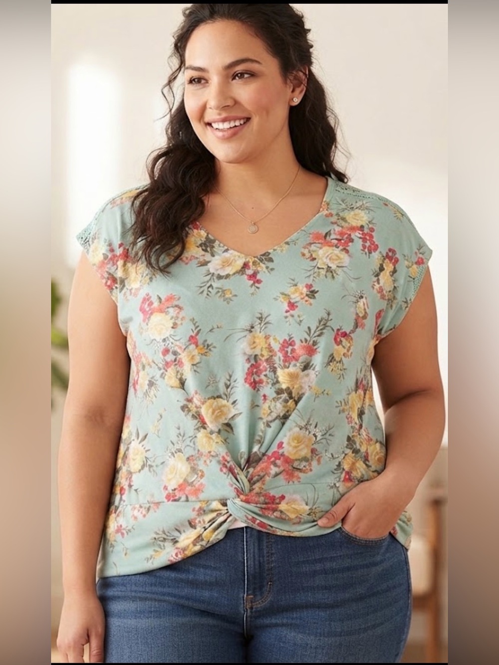 Bobbie Brooks Mint Floral Twist-Front V-Neck Tee